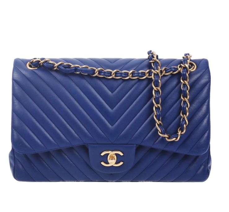 Pre-Owned Chanel Classic Flap Jumbo Blue Chevron Lambskin Shoulder Bag 85239800 yj