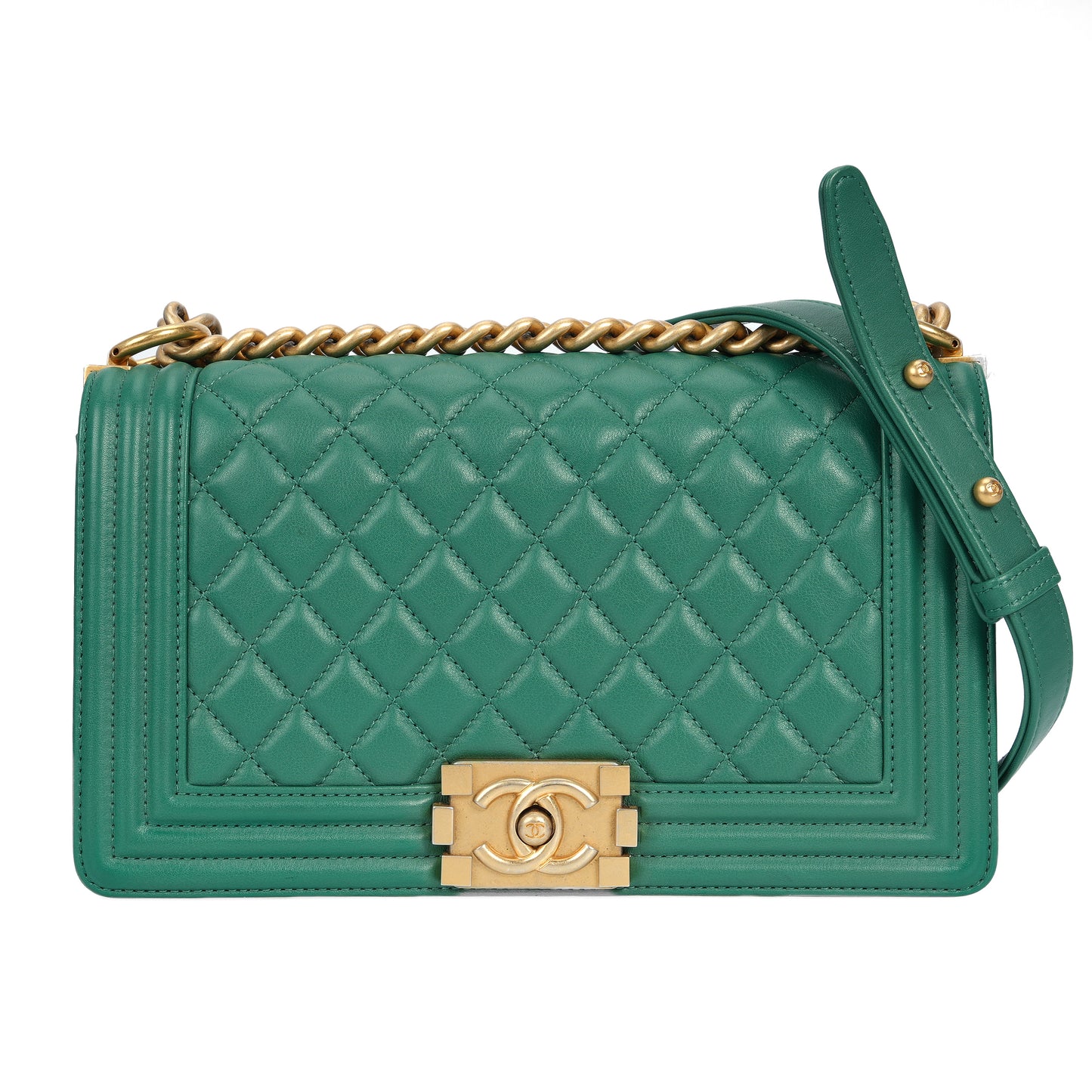 Pre-Owned Chanel Boy Green Calfskin Shoulder Bag 81224766