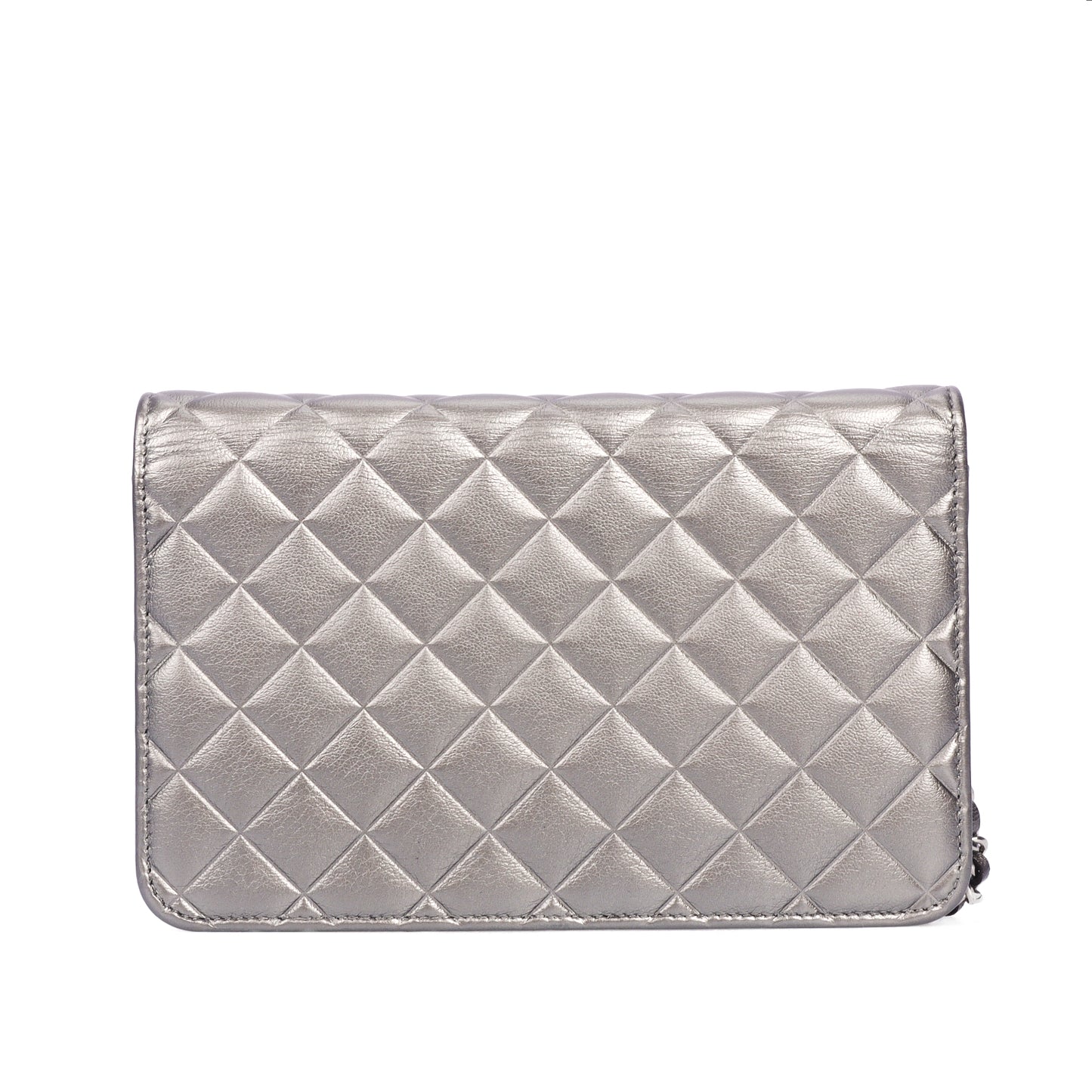 Pre-Owned Chanel Silver Gray Calfskin Wallet on Chain 96139721 c