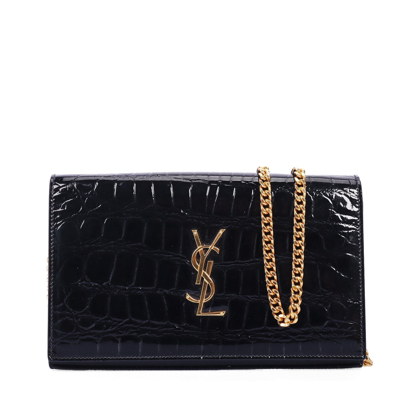 Pre-Owned Saint Laurent Kate Black Croc-Embossed Patent Calfskin Wallet on Chain 10514399