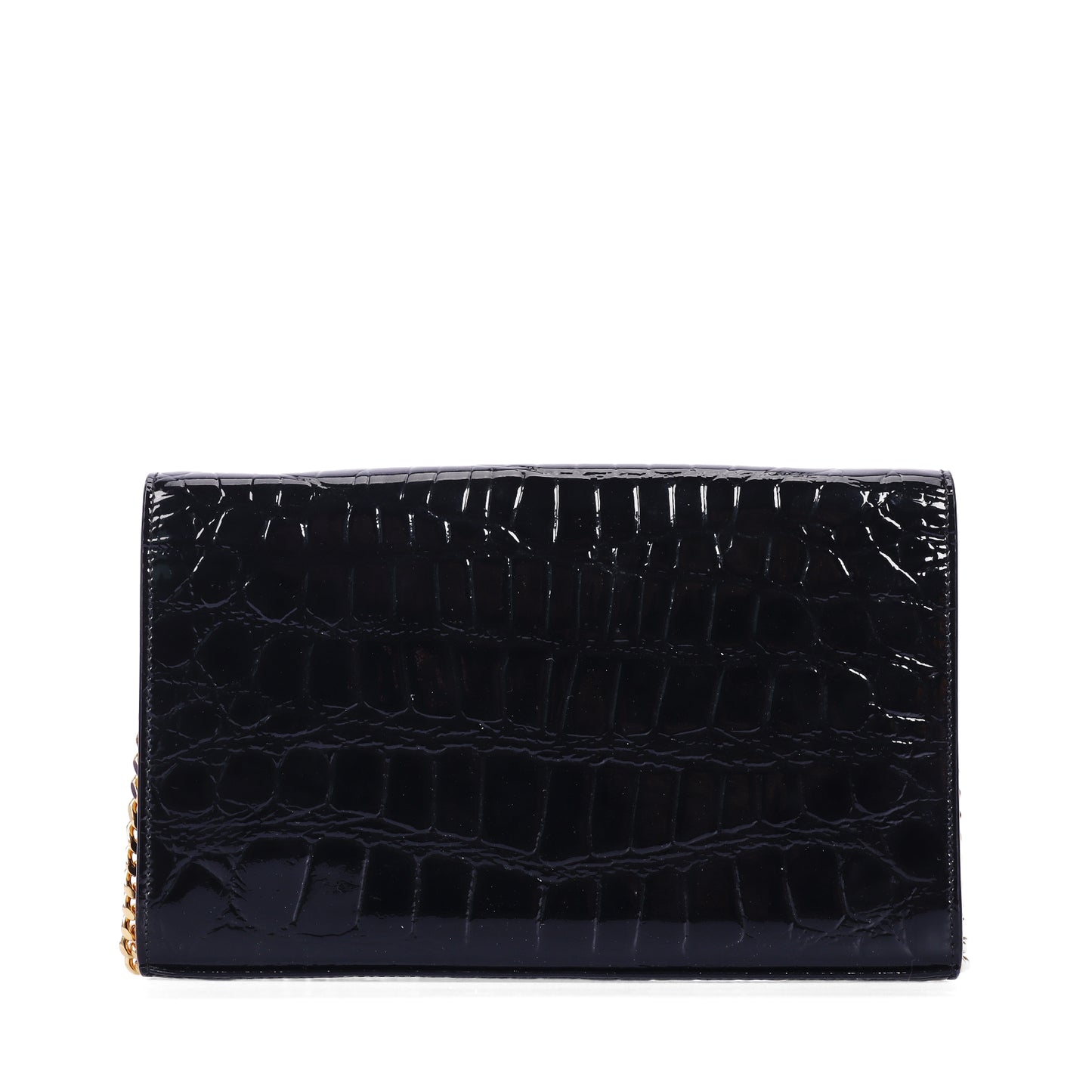 Pre-Owned Saint Laurent Kate Black Croc-Embossed Patent Calfskin Wallet on Chain 10514399
