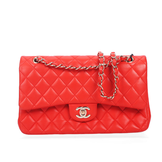 Pre-Owned Chanel Classic Flap Orange-Red Quilted Lambskin Shoulder Bag 11334973