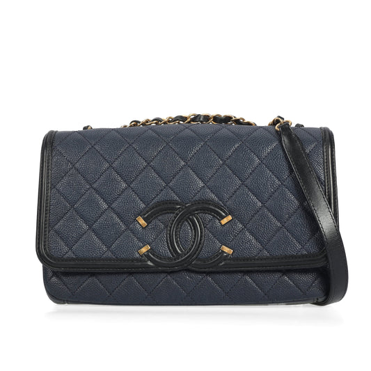 pre-owned chanel deep blue caviar crossbody bag 11610084