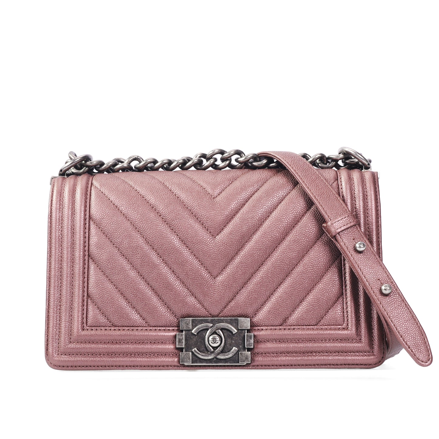 Pre-Owned Chanel Le Boy Purple Chevron Caviar Calfskin Leather Shoulder Bag 12829580 c