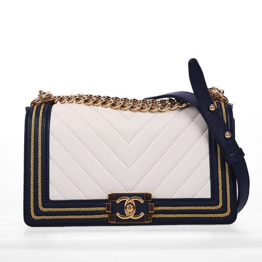 Pre-Owned Chanel Boy Medium White Navy Leather Shoulder Bag 16017534 c Pre-Owned Chanel Flap White Leather Crossbody Bag 45258572 c