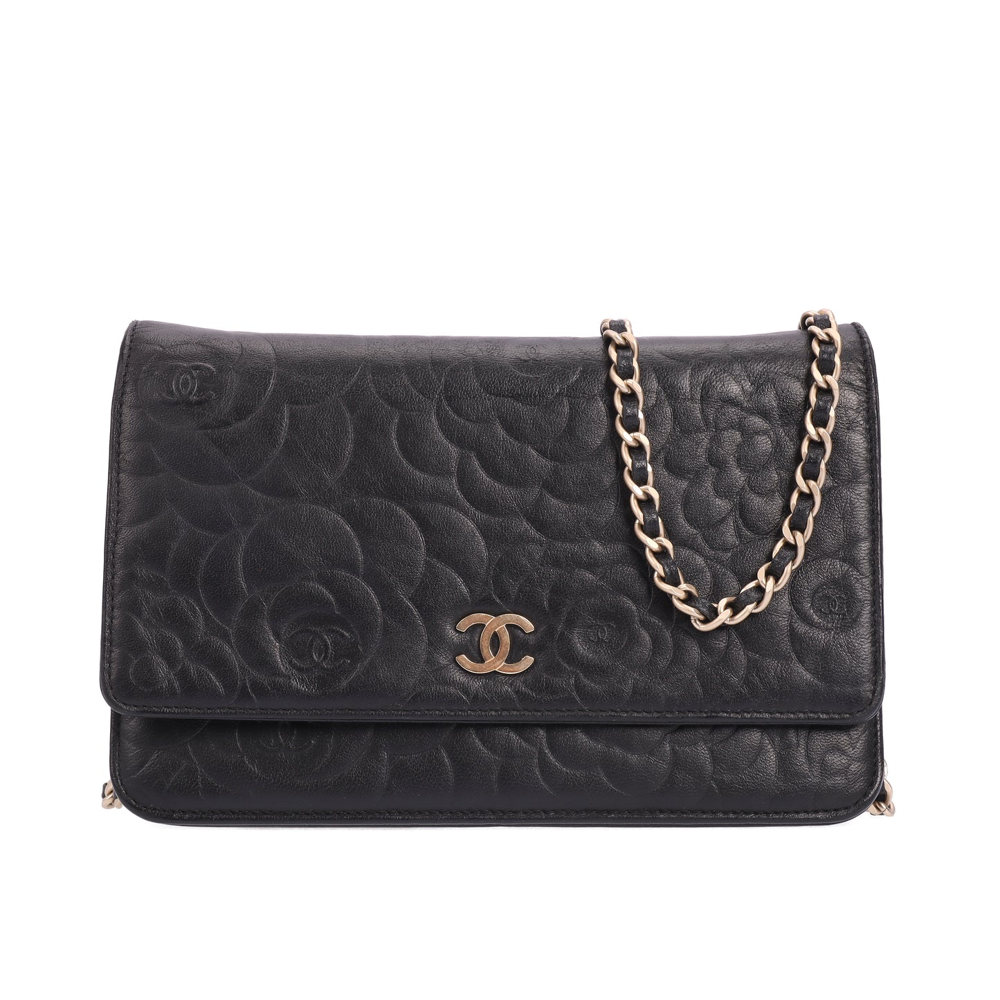 Pre-Owned Chanel Camellia Black Lambskin Wallet on Chain 18142516