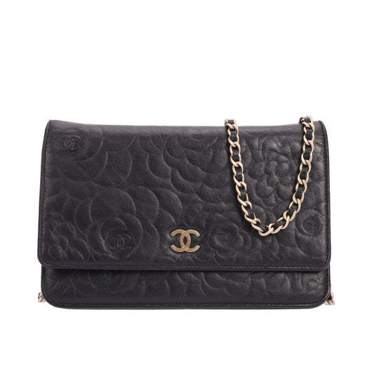 Pre-Owned Chanel Camellia Black Lambskin Wallet on Chain 18142516