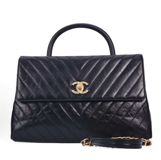 Pre-Owned Chanel Coco Handle Large Black Chevron Calfskin Shoulder Bag 67113748 c