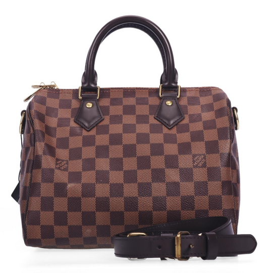 Pre-Owned Louis Vuitton Speedy 25 Damier Ebene Brown Coated Canvas Calfskin Top Handle Bag 77527699