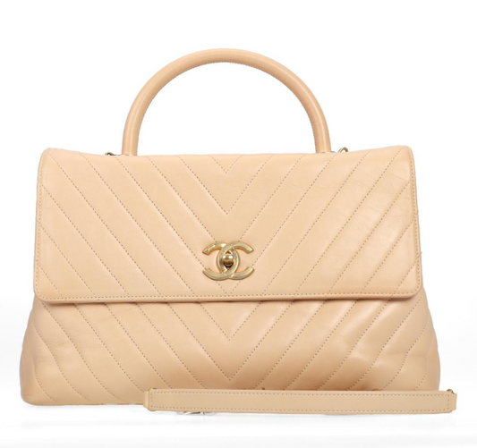 Pre-Owned Chanel Coco Handle Beige Chevron Calfskin Shoulder Bag 16988531