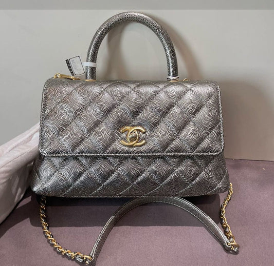 Pre-owned Chanel Coco handle small silver caviar 91962123