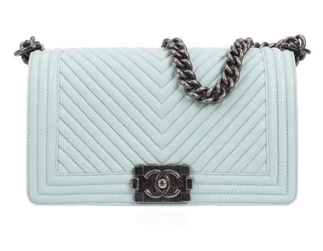Pre-Owned Chanel Boy Bag Light Blue Chevron Leather Shoulder Bag 42301732 #27
