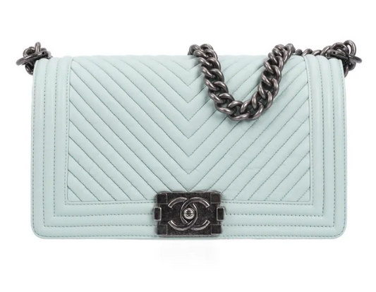 Pre-Owned Chanel Boy Bag Light Blue Chevron Leather Shoulder Bag 42301732 #27