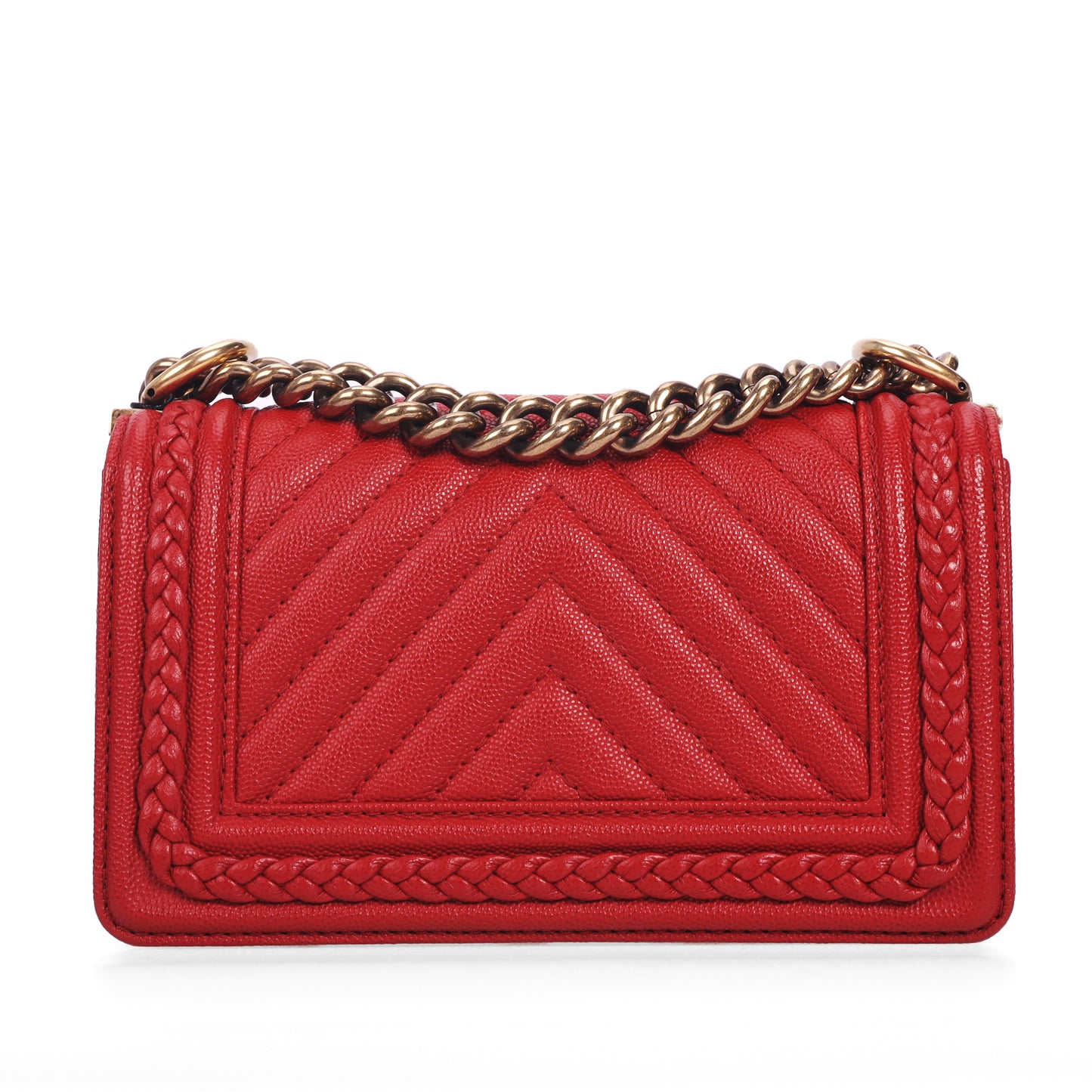 Pre-Owned Chanel Le Boy Red Chevron Quilted Calfskin Leather Shoulder Bag  26572989
