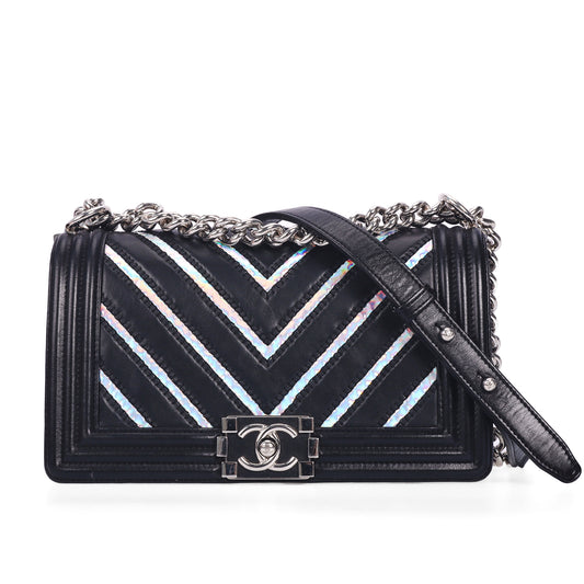 Pre-Owned Chanel Le Boy Black Chevron Quilted Calfskin Leather Shoulder Bag 27218387 c