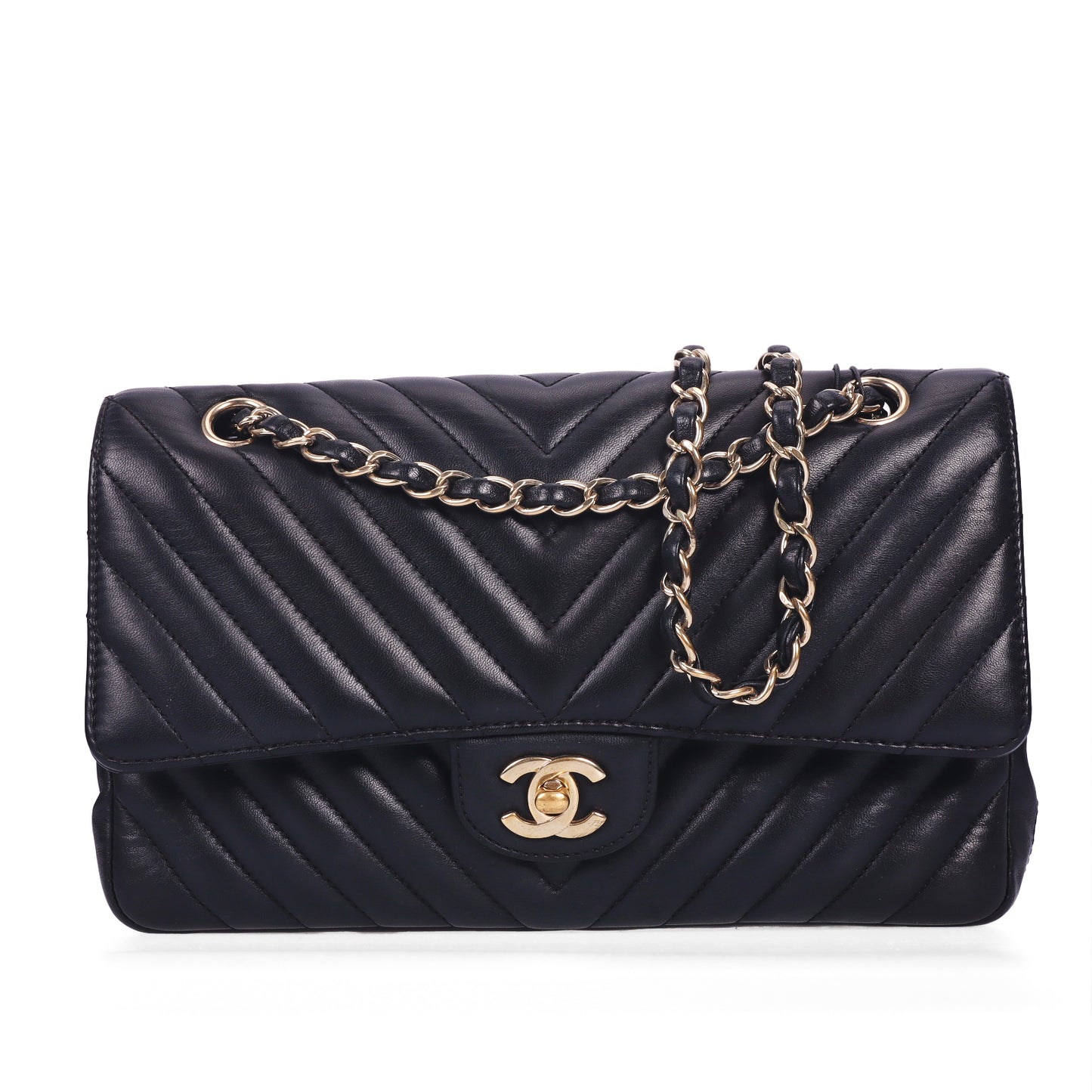 Pre-Owned Chanel Classic Flap Black Chevron Quilted Lambskin Leather Shoulder Bag 27658960