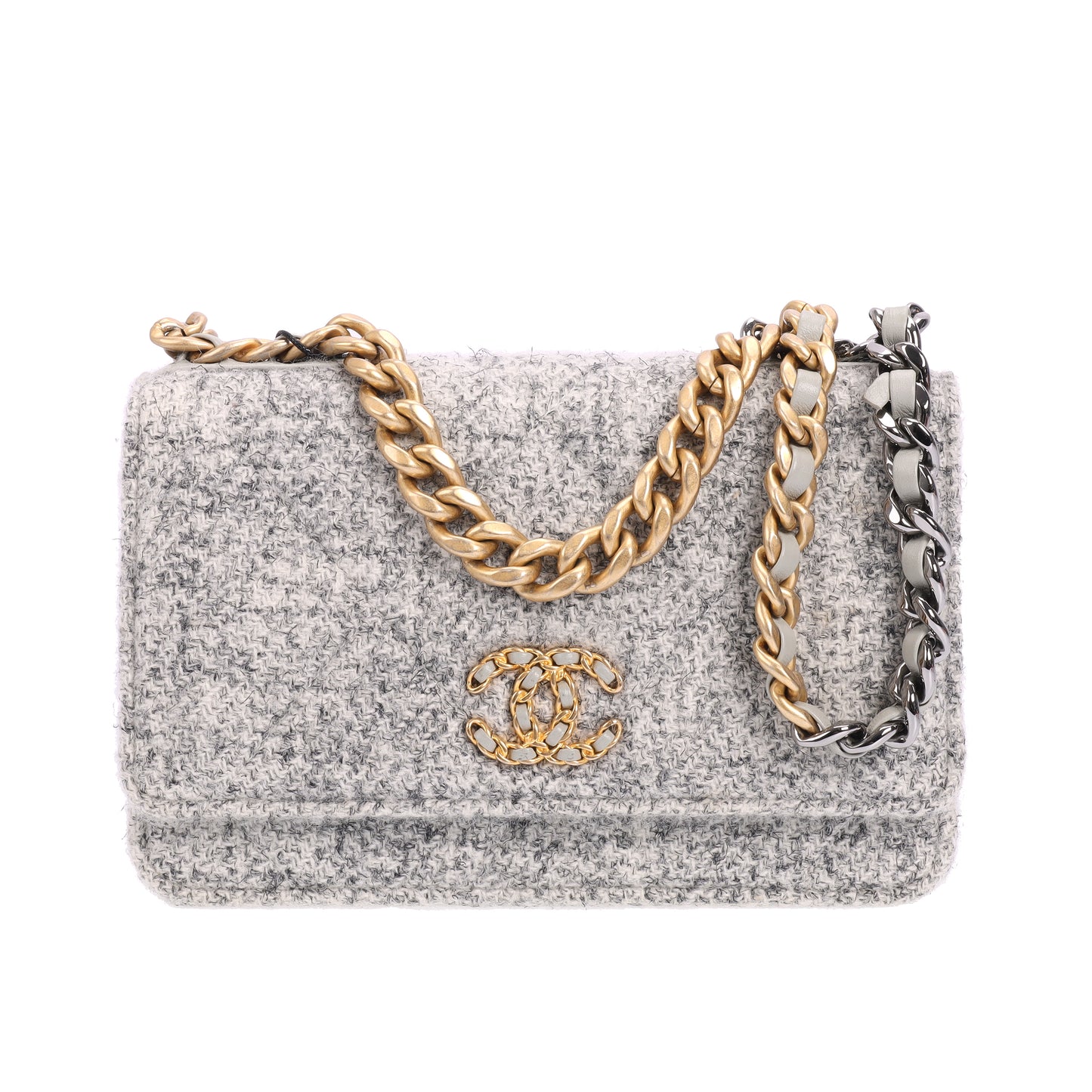 Pre-Owned Chanel 19 Bag Gray Tweed Wallet on Chain 30667218