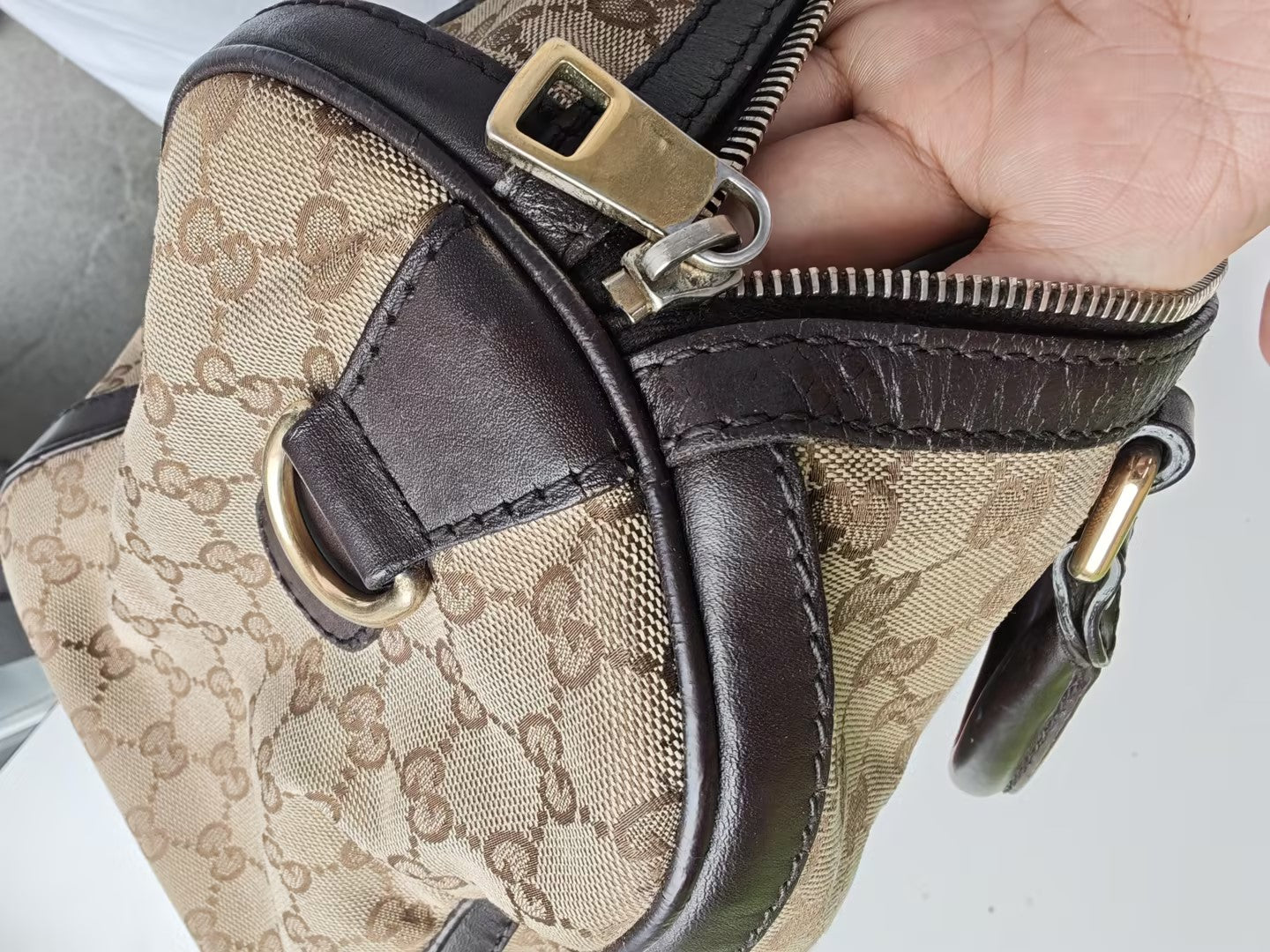 Pre-Owned Gucci Beige GG Canvas Calfskin Top Handle Bag 31453558