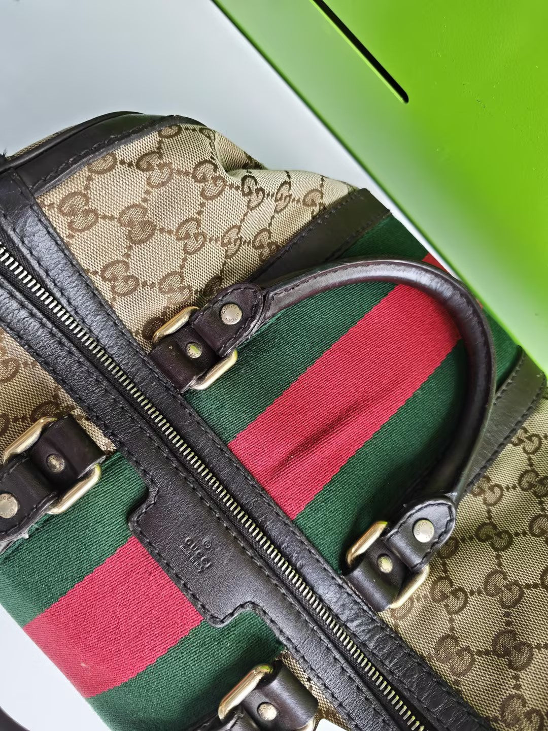 Pre-Owned Gucci Beige GG Canvas Calfskin Top Handle Bag 31453558