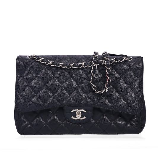 Pre-Owned Chanel Classic Flap Black Quilted Caviar Calfskin Leather Shoulder Bag 37047958 c