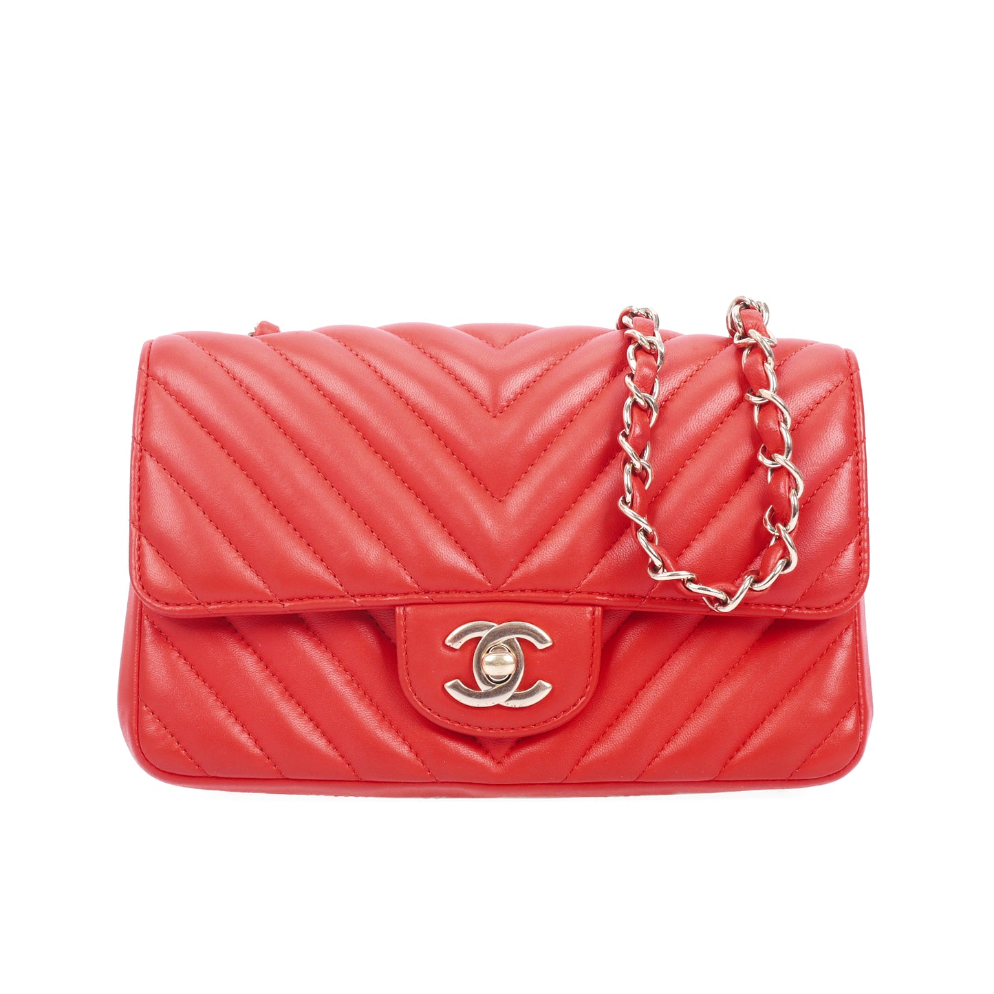 Pre-Owned Chanel Classic Flap Orange-Red Chevron Lambskin Leather Shoulder Bag 46107071