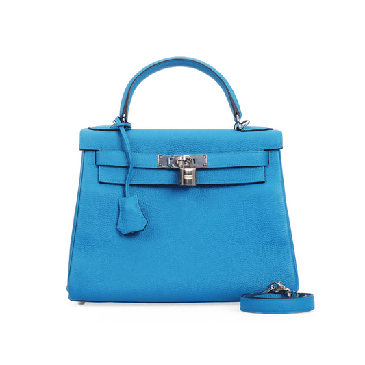 Pre-Owned Hermès Kelly 28 Bleu Zanzibar Togo Calfskin Shoulder Bag 46222025 L