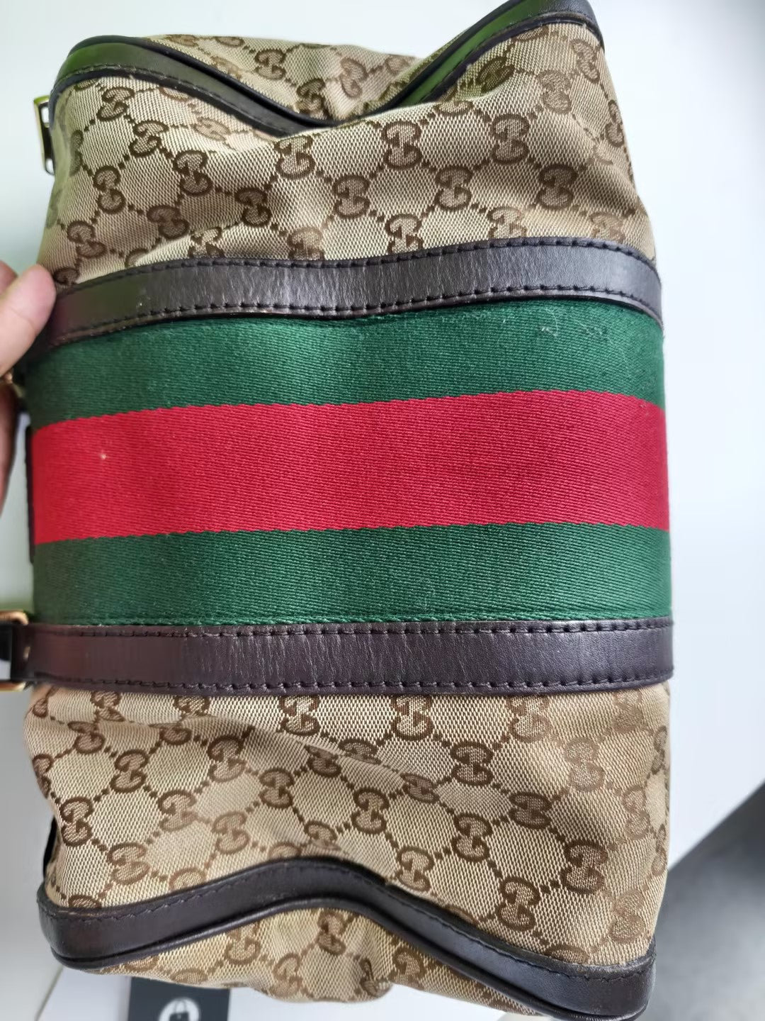 Pre-Owned Gucci Beige GG Canvas Calfskin Top Handle Bag 31453558