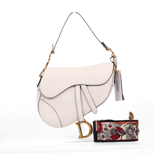 Pre-Owned Dior Saddle Medium Size White Calfskin Leather Crossbody Bag 56421328 c