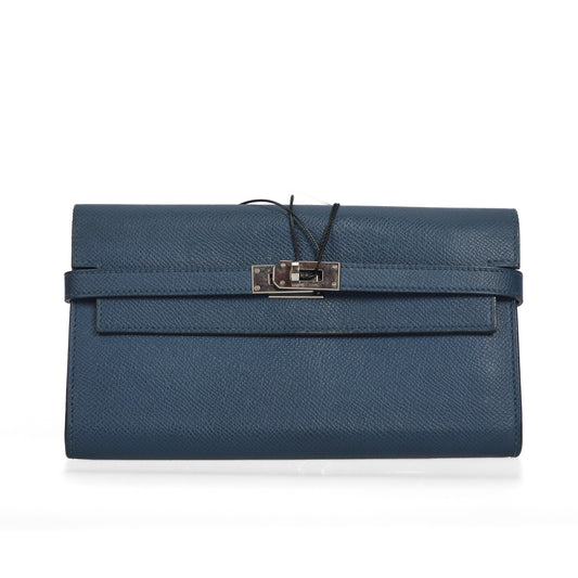pre-owned hermes kelly blue calfskin wallet 56863224