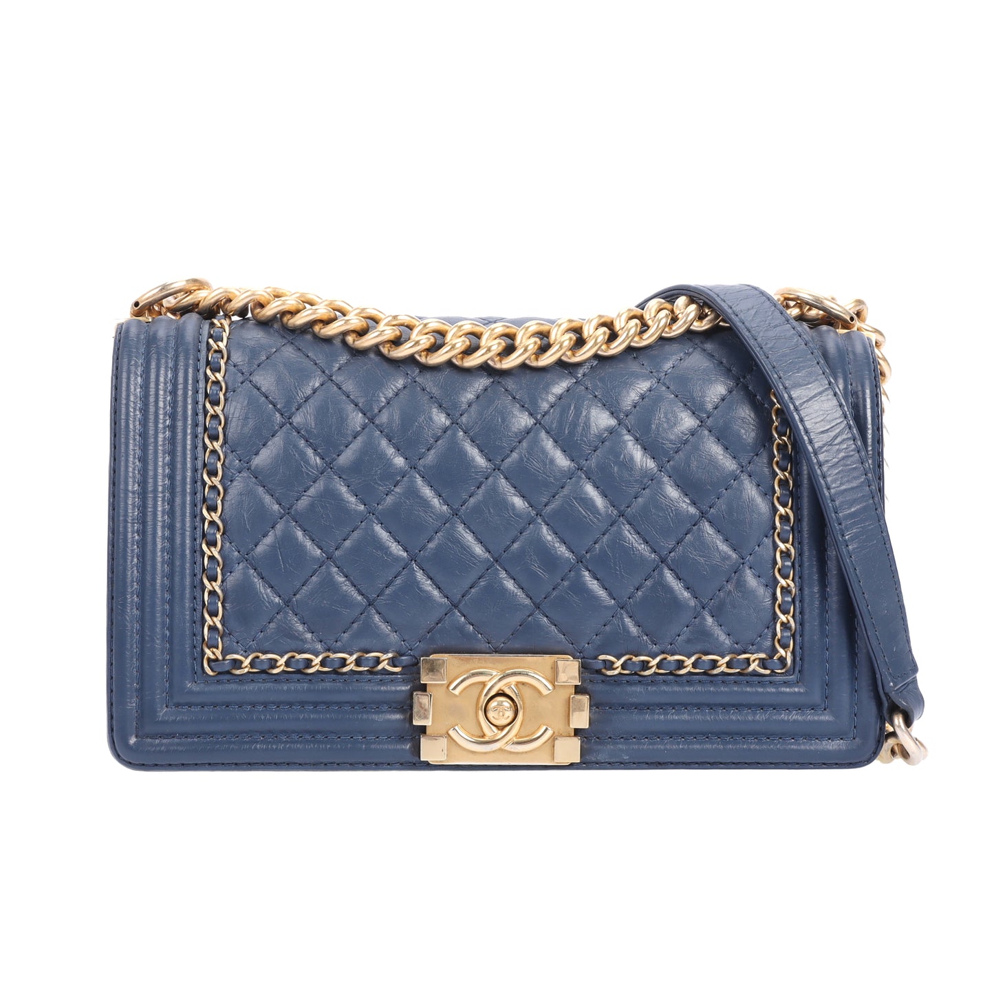 pre-owned chanel leboy medium blue calfskin shoulder bag 58114887
