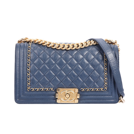 pre-owned chanel leboy medium blue calfskin shoulder bag 58114887