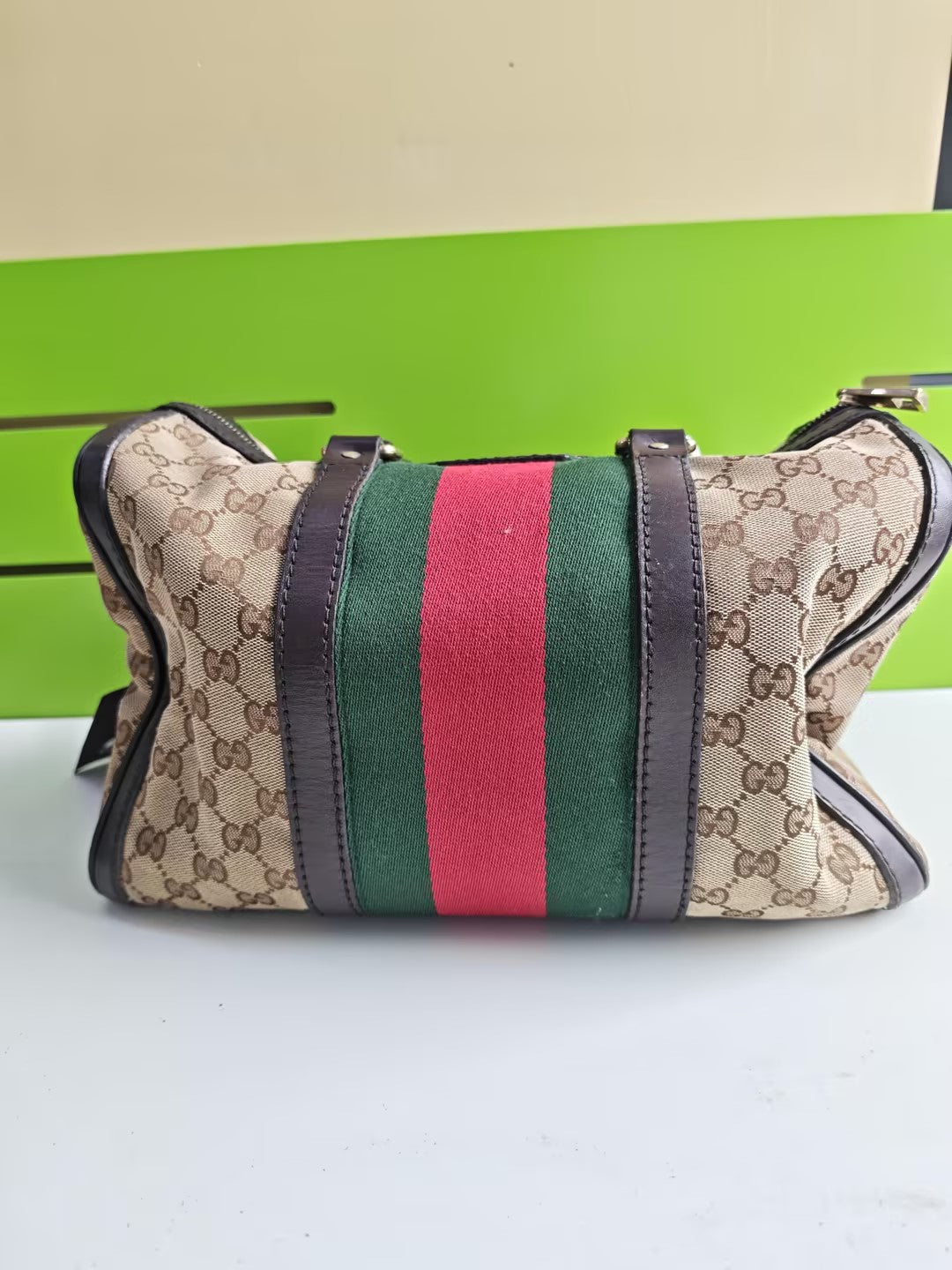 Pre-Owned Gucci Beige GG Canvas Calfskin Top Handle Bag 31453558
