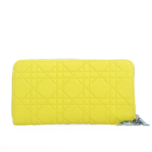 Pre-Owned Dior Cannage Yellow Leather Zip Around Wallet 61128416