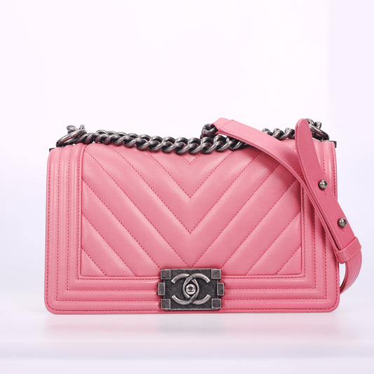Pre-Owned Chanel Le Boy Pink Chevron  Leather Shoulder Bag 62409376