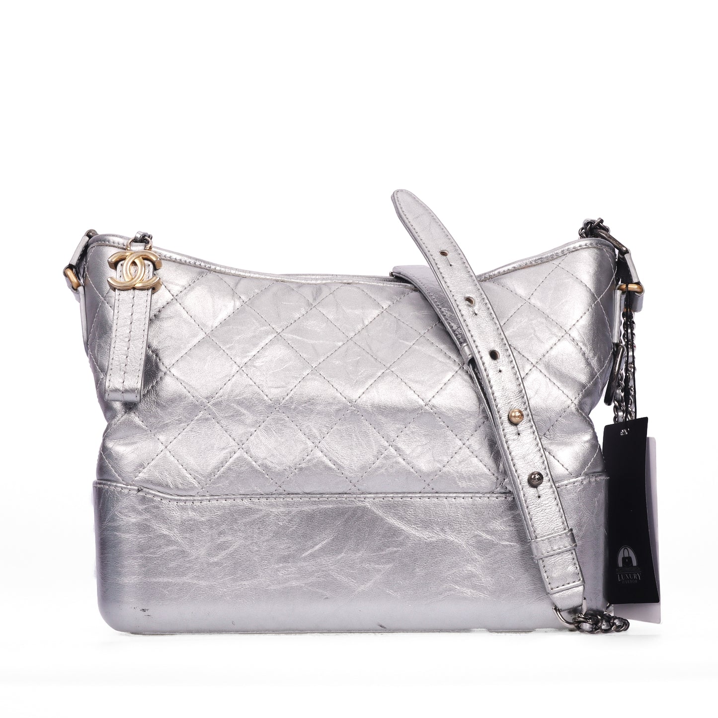 Pre-Owned Chanel Gabrielle Large Size Silver Quilted Calfskin Chain Shoulder Bag 63845910 63845910