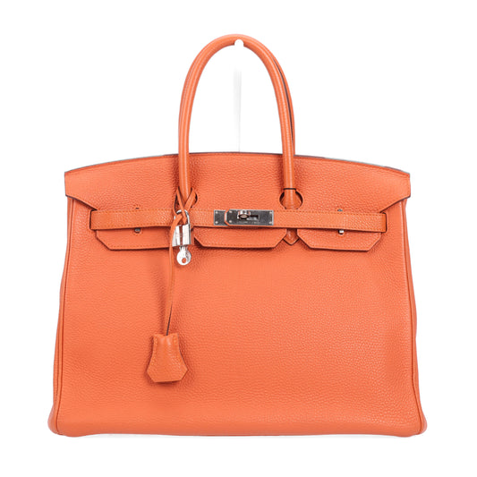 pre-owned hermes birkin 35 orange calfskin top handle bag 65787126