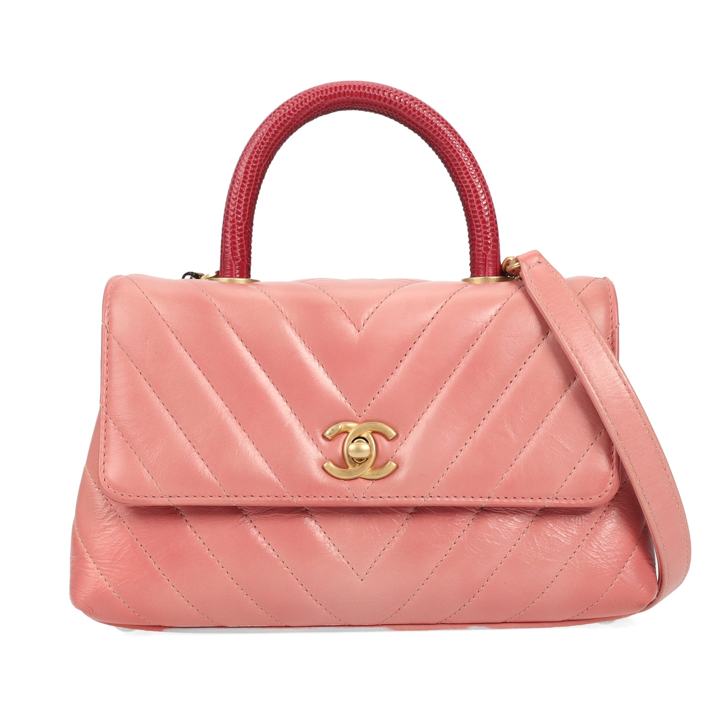 pre-owned chanel coco handle lizzard pink crossbody bag 69382107