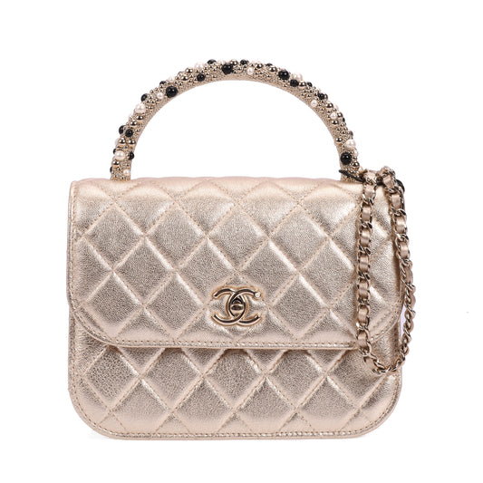 Pre-Owned Chanel Classic Flap Gold Quilted Metallic Calfskin Shoulder Bag 70663489