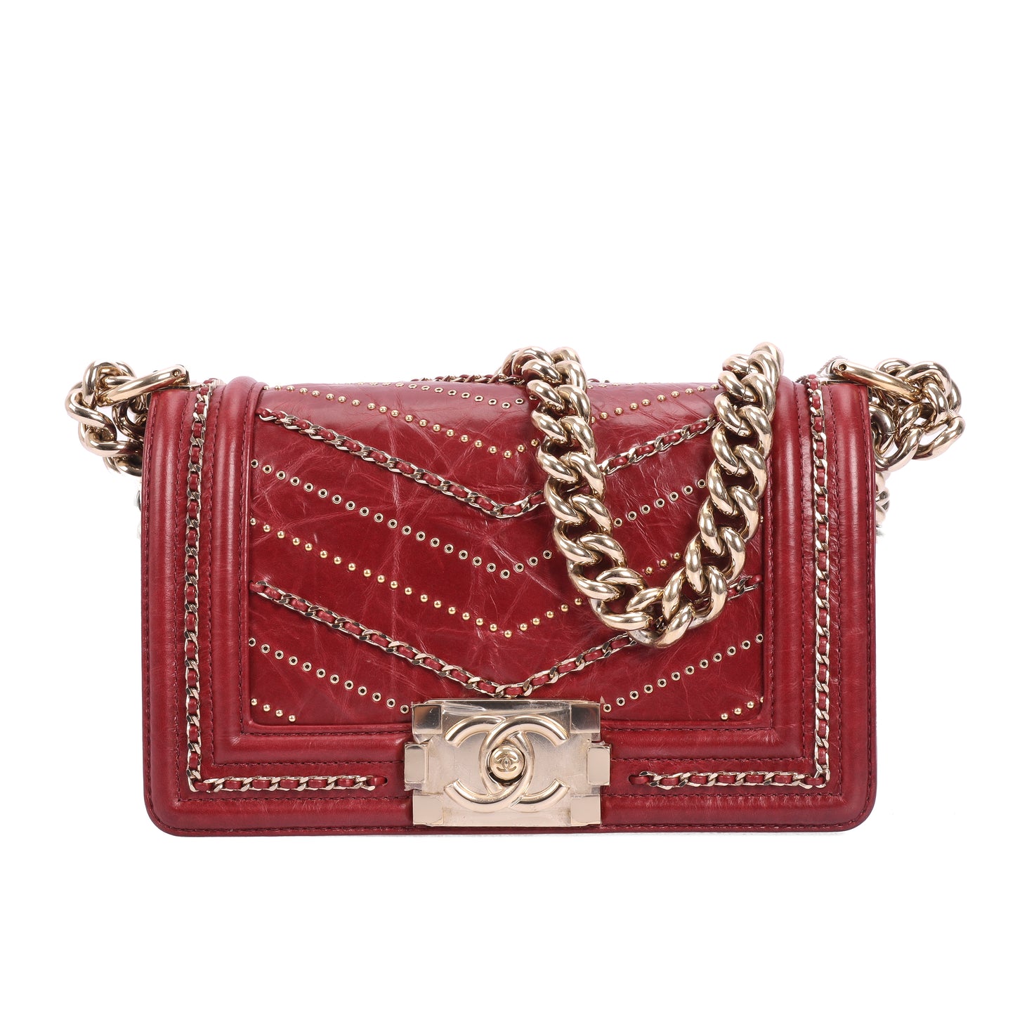 Pre-Owned Chanel Boy Chanel Burgundy Calfskin Shoulder Bag 74582703 L