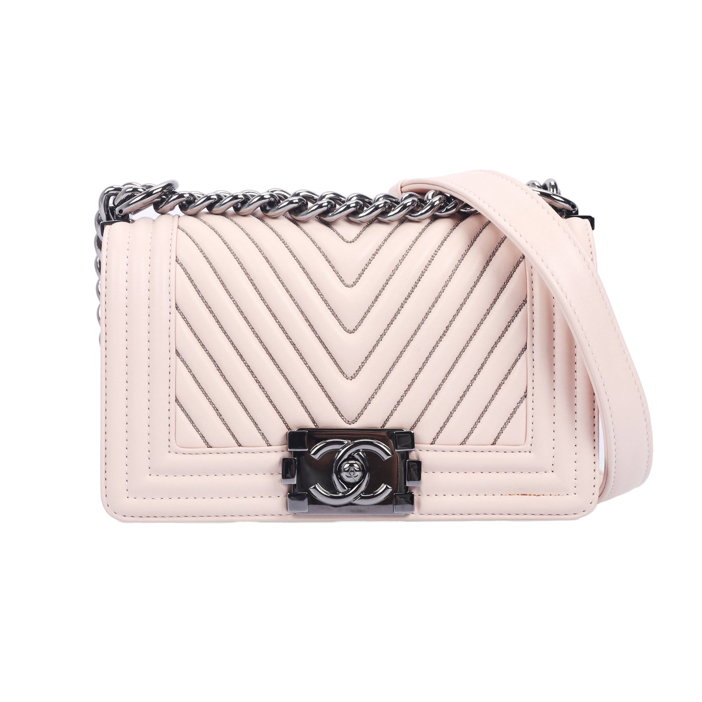 Pre-Owned Chanel Boy Small Light Pink Chevron Quilted Calfskin Leather Shoulder Bag 75047706 C