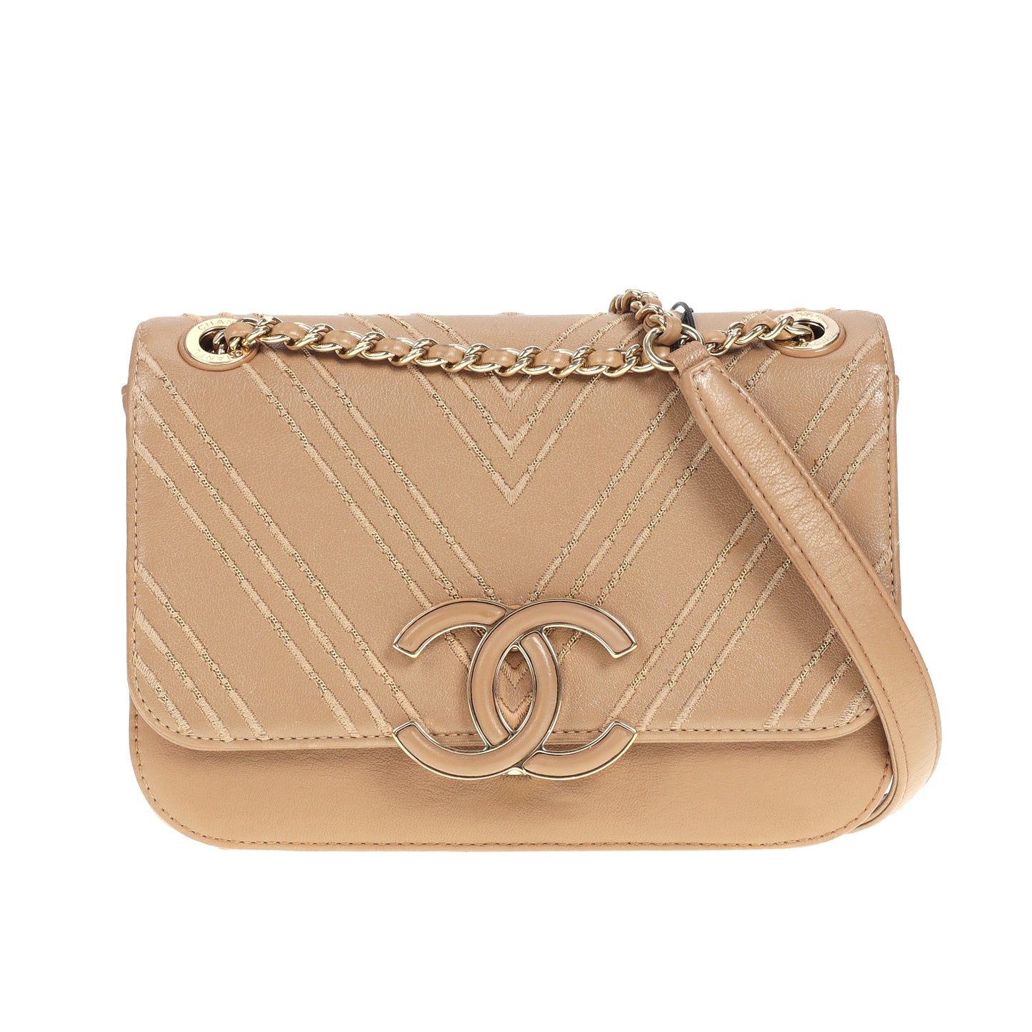 Pre-Owned Chanel CC Beige Chevron Calfskin Leather Chain Shoulder Bag 77782307