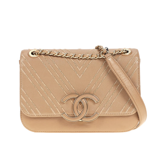 Pre-Owned Chanel CC Beige Chevron Calfskin Leather Chain Shoulder Bag 77782307