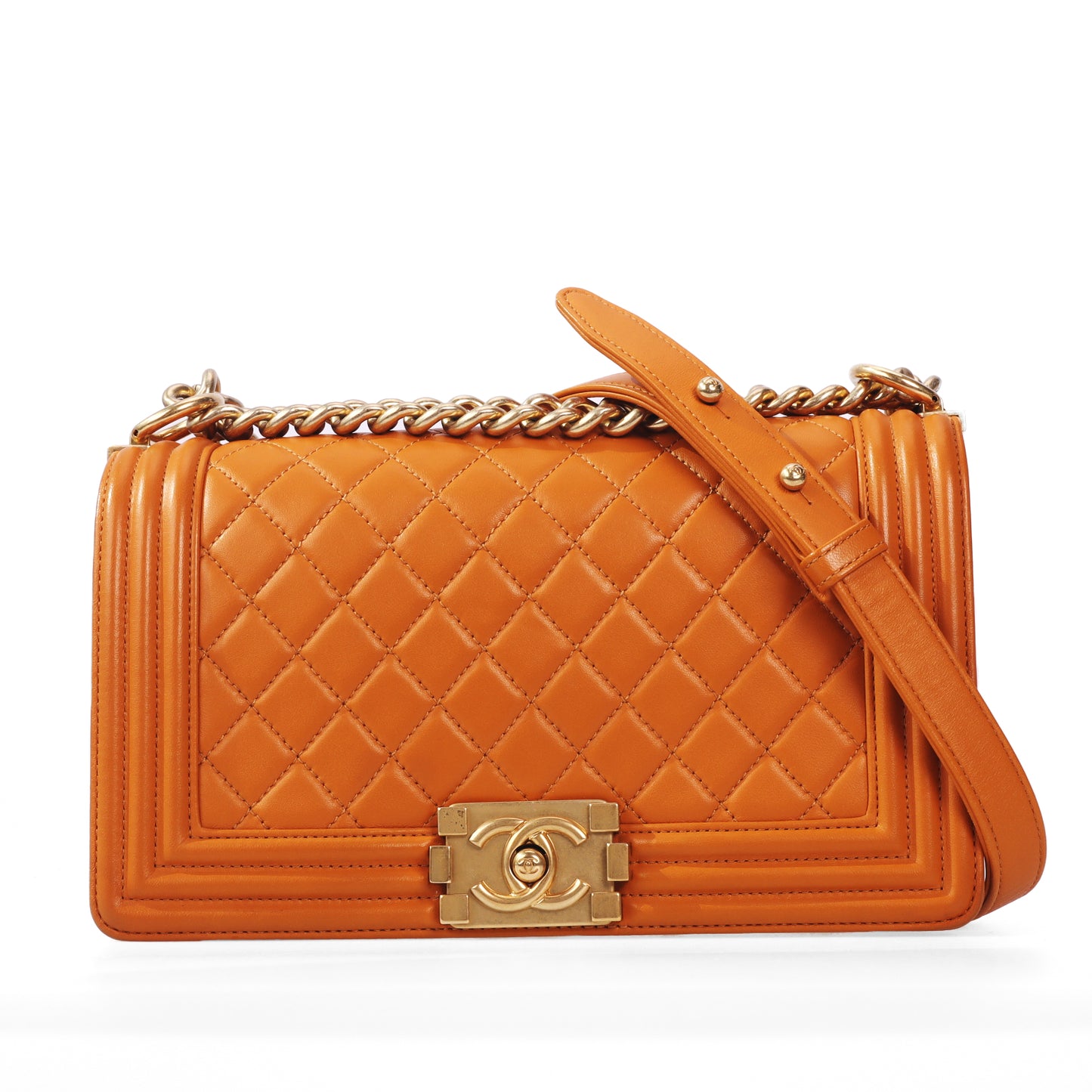 Pre-Owned Chanel Le Boy Orange Quilted Lambskin Leather Shoulder Bag 77837040 c