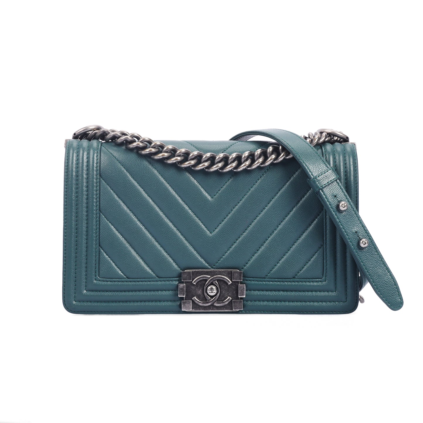 Pre-Owned Chanel Boy Flap Blue-Green Calfskin Shoulder Bag 78818248 lkz