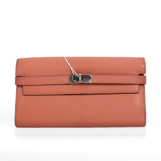 Pre-Owned Hermès Kelly Orange Chèvre Mysore Wallet 80099485 L