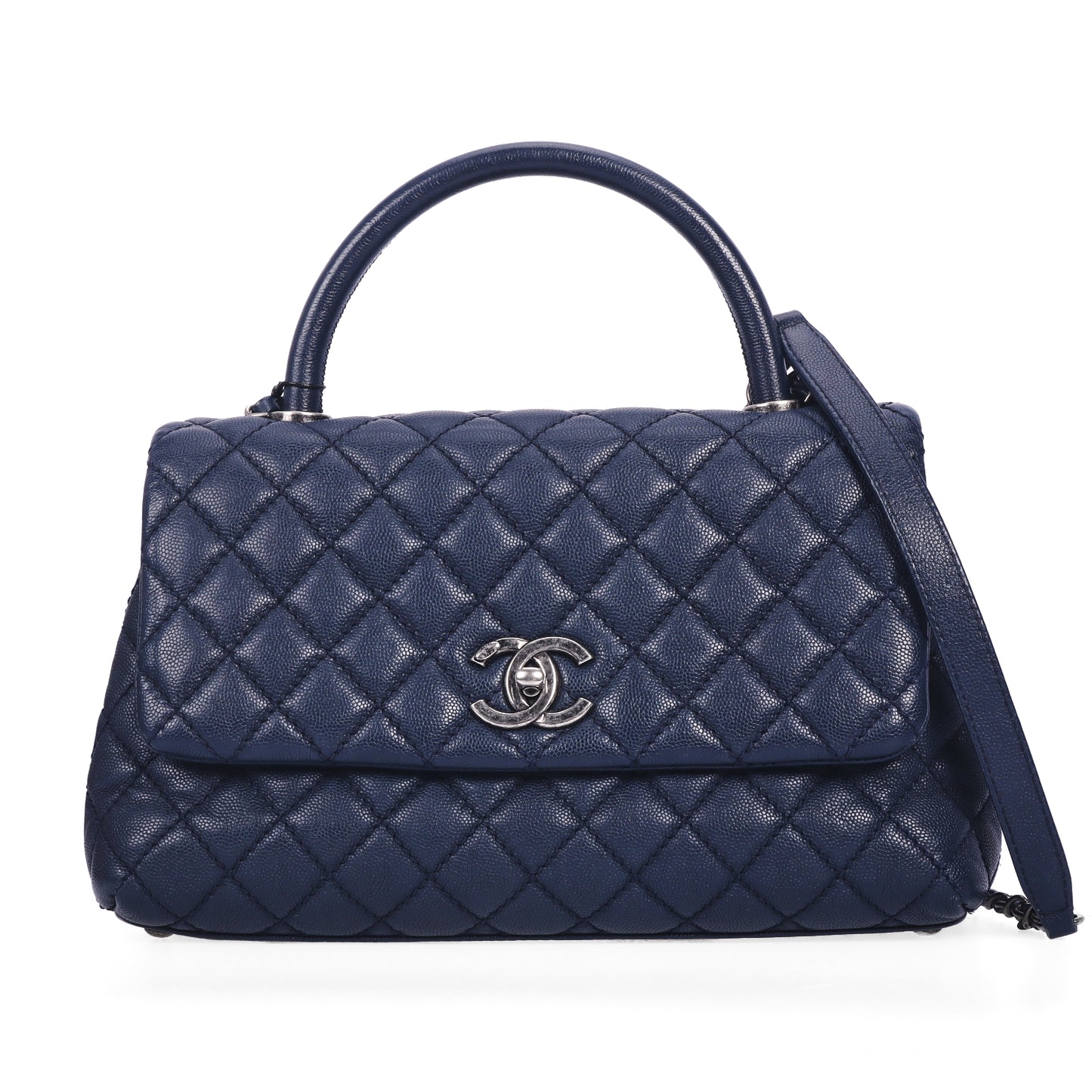 Pre-Owned Chanel Coco Handle Dark Blue Quilted Caviar Calfskin Leather Shoulder Bag 90038457