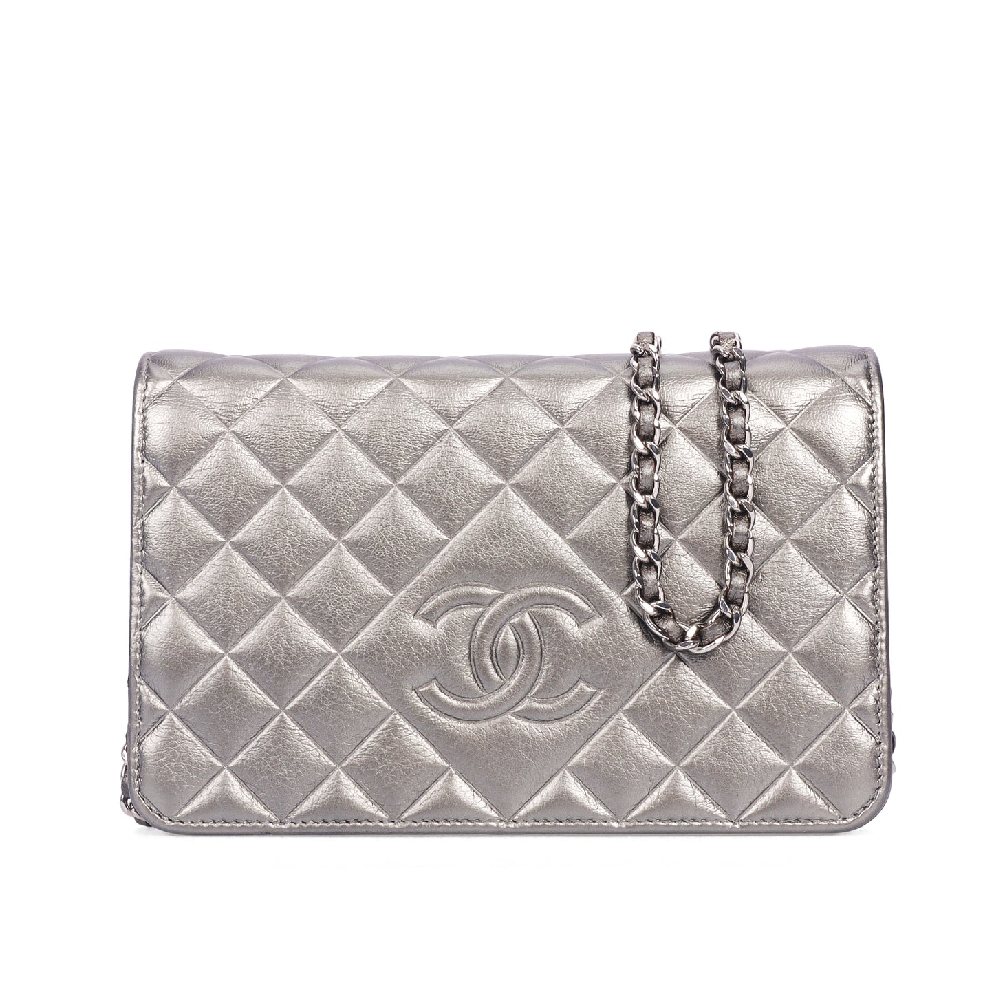 Pre-Owned Chanel Silver Gray Calfskin Wallet on Chain  96139721 c