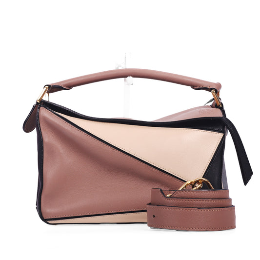 Pre-Owned LOEWE Puzzle Small Brown Beige Calfskin Leather Shoulder Bag 97235720