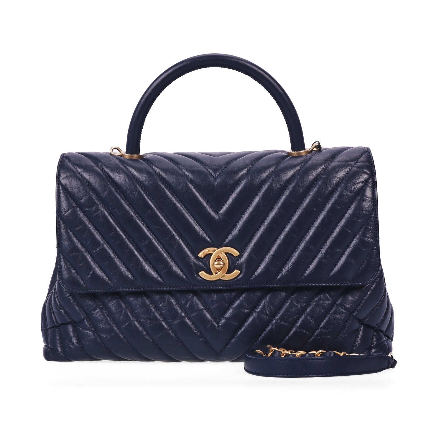 Pre-Owned Chanel Coco Handle Navy Blue Chevron Leather Shoulder Bag 97720929