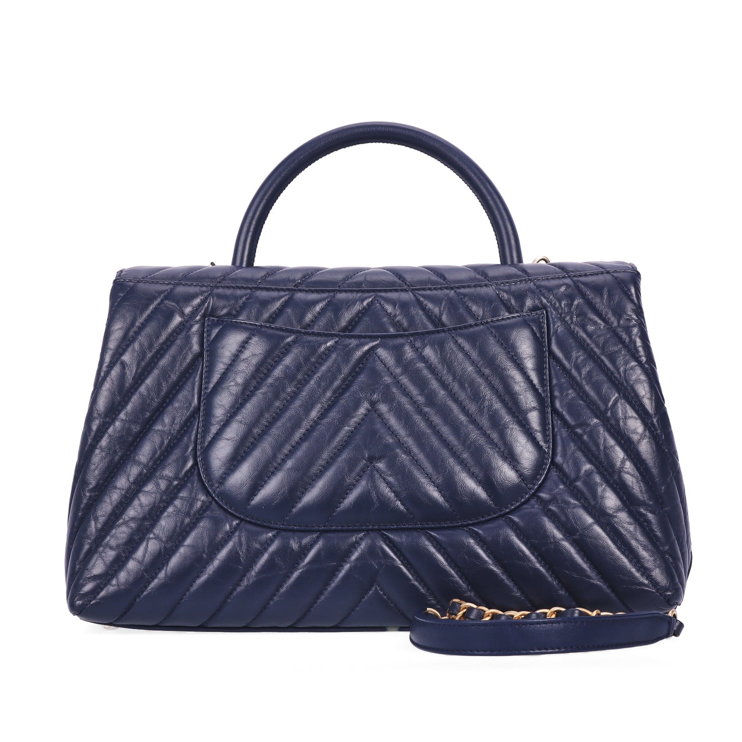 Pre-Owned Chanel Coco Handle Navy Blue Chevron Leather Shoulder Bag 97720929